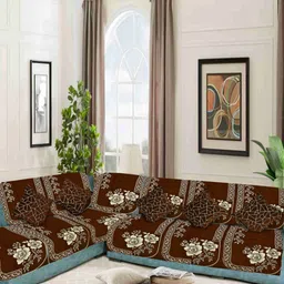 SAWNA HOMES Brown & Beige 12 Pieces Floral Printed Velvet L Shape 6-Seater Sofa Covers-image-78