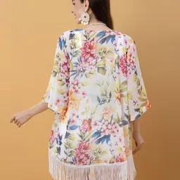 PURYS Women Floral Printed Longline Shrug With Tasselled Hem image 4