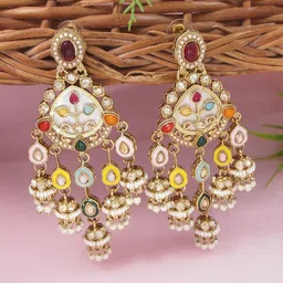 I Jewels Women Gold Plated Kundan Studded & Beaded Drop Earrings-image-98