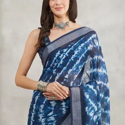 Janasya Women Indigo Linen Blend Tie & Dye Printed Printed Saree with Blouse Piece-image-57
