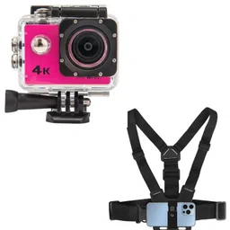Mabron Pink 4K WiFi 16MP Sports Action Camera 30M Underwater Waterproof Camera with Adjustable View Angle with Adjustable Body Harness Chest Belt Strap with Mobile Clip and Screw Converter image 1