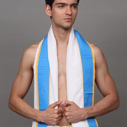 Exotic India Men Traditional Dhoti with Angavastram Set and Contrast Stripes image 2