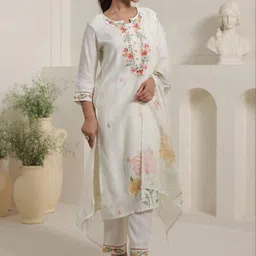 Indo Era Women Floral Embroidered Regular Thread Work Kurta with Trousers & With Dupatta image 4