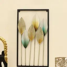 vedas Mystic Indiana Black & Gold-Toned Textured Metal Opal Leaf Wall Decor-image-92