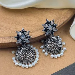 NAMAN ARTS Silver-Plated Artificial Stones and Beads Oxidised Contemporary Jhumkas-picture-36
