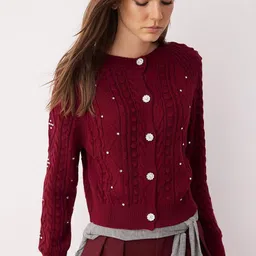 Trendyol Women Bordo Cable Knit Cardigan with Embellished Detail-image-27