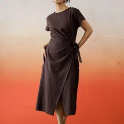 SANSKRUTIHOMES Solid Cotton Wrap Midi Dress-picture-36