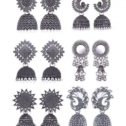 MEENAZ Set Of 6 Silver-Plated Dome Shaped Oxidized Jhumkas Earrings-image-43