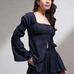 espyr by tokyo talkies Tokyo Talkies Women Solid Ruched Top & Shorts Co-Ord Set image 3