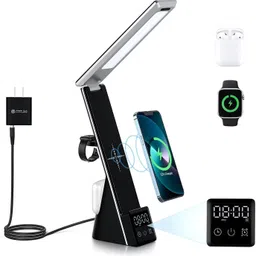 sgmsc 3 in 1 LED Desk Lamp with Wireless Charger Touch Control With Clock Table Lamp image 2