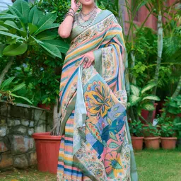 Mitera Striped and Floral Printed Zari Saree-image-0