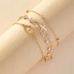 AQUASTREET Set Of 3 18K Gold-Plated Zircon Studded Layered Anklet-picture-25