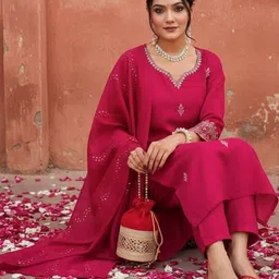 SZN Women Floral Embroidered Regular Chanderi Silk Kurta with Trousers & With Dupatta image 3