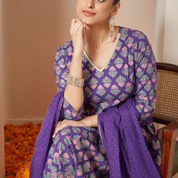 Janasya Women Ethnic Motifs Printed A-Line Kurta with Trouser & Dupatta-picture-24