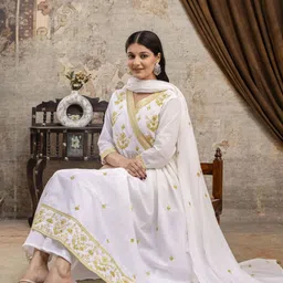 MANJALI DESIGN Women Ethnic Motifs Embroidered Angrakha Thread Work Pure Cotton Kurta with Trousers & With image 2