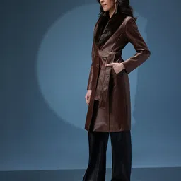 bebe PU Longline Coat With Detachable Faux Fur Collar & Belt image 2