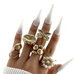 QUECY Set of 5 Gold-Plated Pearls-Studded Finger Rings-picture-11