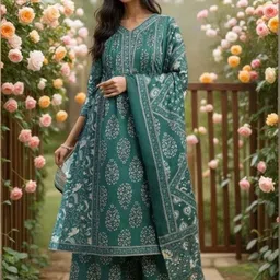 SZN Women Floral Printed Pleated Sequinned Pure Cotton Kurta with Sharara & With Dupatta-picture-12