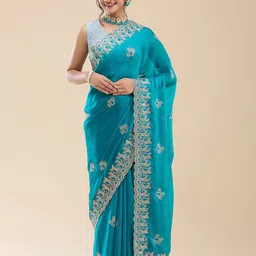 Vervee Couture Floral Embroidered Beads and Stones Tissue Saree-picture-20