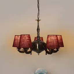 Devansh Pink & Brown Conical shade with Antique Golden Chandelier Metal Ceiling Lamp image 2