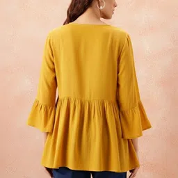 SIDDHANAM Bell Sleeve Fringed Cotton Shirt Style Longline Top image 2