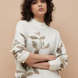 Colour Me by Melange Floral Printed Mock Collar Acrylic Pullover Sweater-image-95