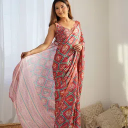 Kalista Ethnic Motifs Printed Mirror Work Pure Chiffon Saree image 5