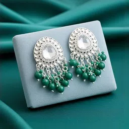 TESSARA Silver Plated Kundan Studded & Beaded Oval Drop Earrings-picture-35