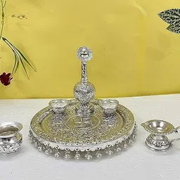 shree kaila mai traders German Silver Heavy Pooja Thali with Water Rose Sprinkle for Temple,Decorative Silver image 1