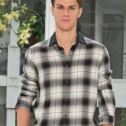 POE Men Gracie - Check Shirt With Denim Collar - Brown-image-87