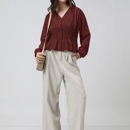 SHOWOFF Women Maroon Solid Cotton Cinched Waist Tops image 5