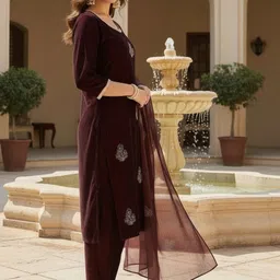 HERE&NOW Women Ethnic Motifs Embroidered Regular Thread Work Velvet Kurta with Trousers & With Dupatta image 5