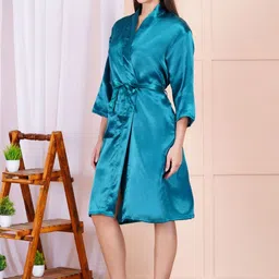 POORAK Blue Satin Tie-Ups Knee Length Bath Robe image 4