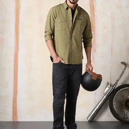 High Star Men Regular Fit Utility Heavy Washed Spread Collar Solid Cotton Casual Shirt image 5