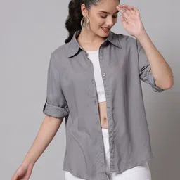 funday fashion Women Boxy Fit Solid Spread Collar Casual Shirt-picture-23