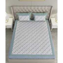 patricko Blue Floral 600 TC Cotton Double King Sized Bedsheet With 2 Pillow Covers image 3