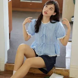 quintessentials Casual Puff Sleeves Checkered Women Light Blue Top image 2