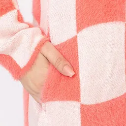 LASOON Women Checked Woollen Longline Cardigan with Fuzzy Detail image 2