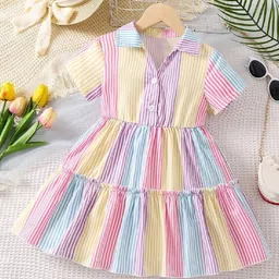 White World Girls Striped Shirt Collar Fit & Flare Dress-picture-46