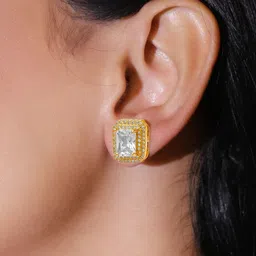 Rubans 18K Gold-Plated Crystals Studded Square Shaped Studs image 2
