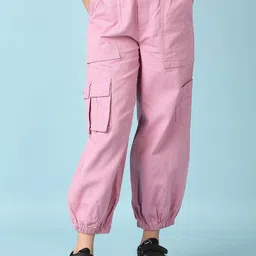 V-Mart Girls Pink Cotton Mid-Rise Regular Fit Cargos Slip-On Trousers-picture-36