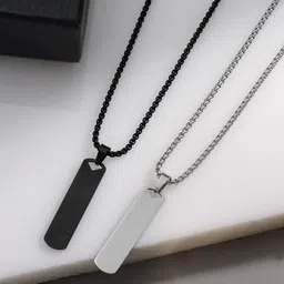 Qiroko Set Of 2 Men Stainless Steel Ractangular Bar Shaped Pendants with Chains-picture-17
