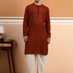 House of Pataudi Embroidered Mandarin Collar Straight Kurta-picture-38