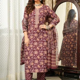 AHIKA Women Floral Printed Regular Kurta with Trousers & Dupatta image 2