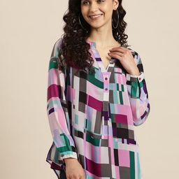 Qurvii Women Geometric Print Mandarin Collar Georgette Shirt Style Top-picture-6