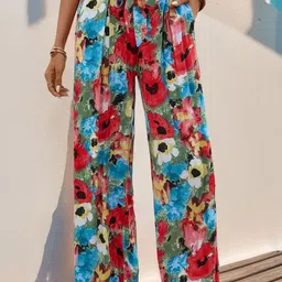 HERE&NOW Women Floral Printed Relaxed Straight Leg High-Rise Easy Wash Pleated Trousers-picture-11
