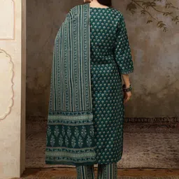 BANDIA Women Floral Printed Regular Mirror Work Pure Cotton Kurta with Trousers & With Dupatta image 5