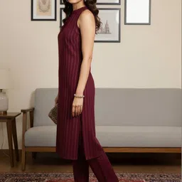 Varanga Women Striped Regular Silk Crepe Kurta with Trousers image 4