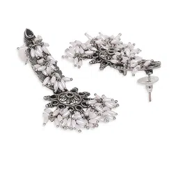 fabula Artificial Studded & Beaded Oxidised Floral Shaped Drop Earrings image 3