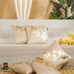 HOSTA HOMES Cream-Coloured & Gold-Toned Set of 5 Floral Velvet Square Cushion Covers-picture-17